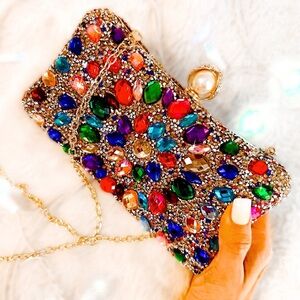 Glam Rhinestone Gold Clutch with Multi-Color Rhinestones